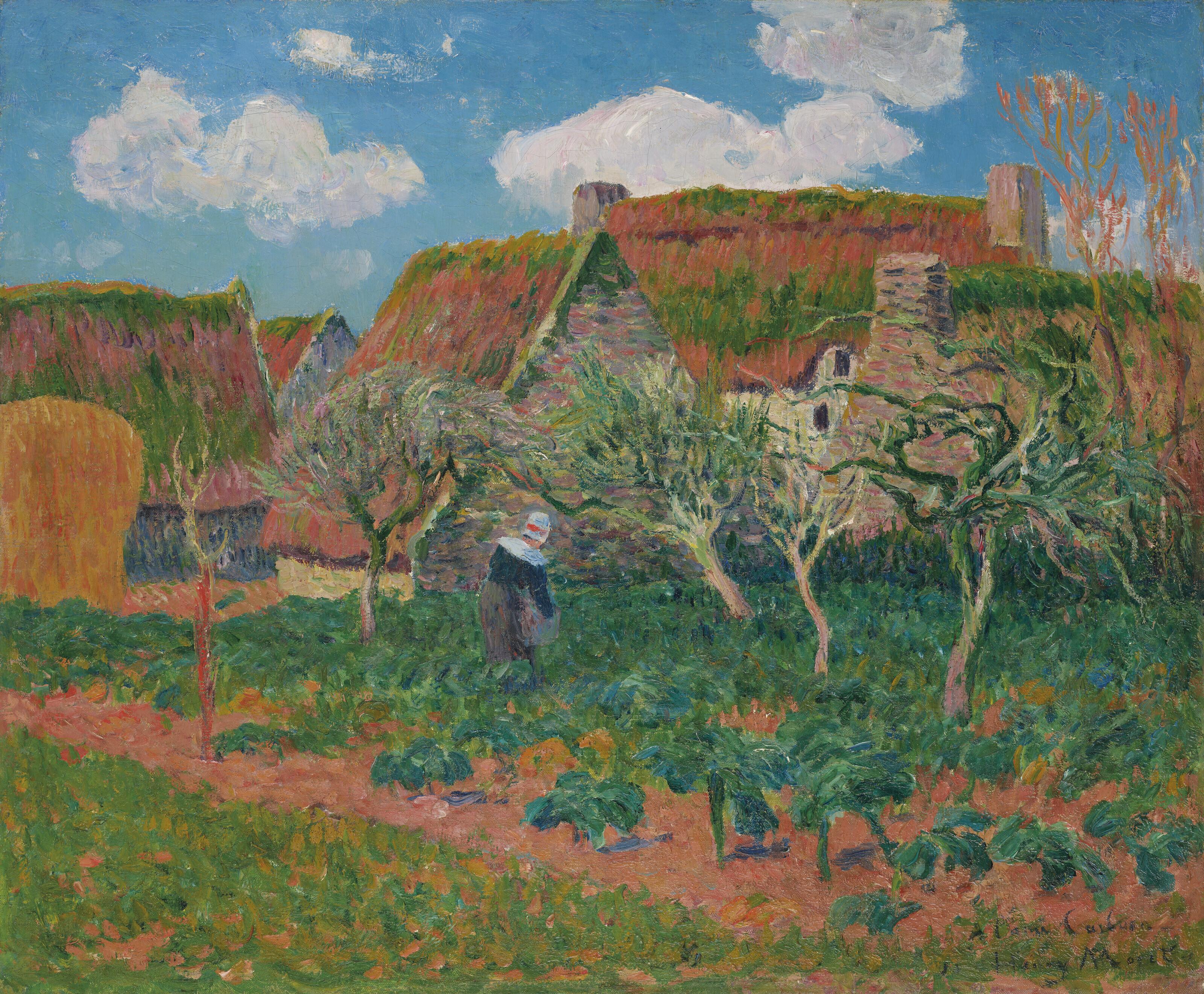 Henry Moret - Bretonne jardinant près des chaumières
