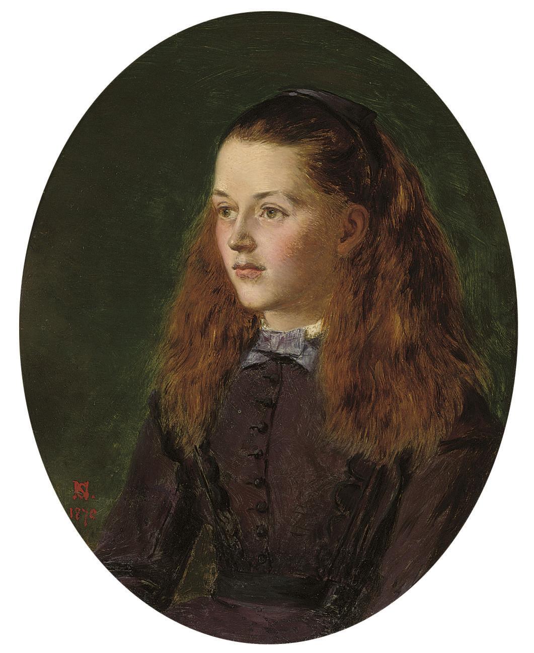 Henry Nelson O\'Neil, A.R.A. - Portrait of Fanny Frith, youngest daughter of William Powell Frith, R.A., half-length, in an oval mount