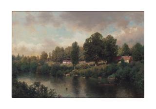 Henry Pember Smith - River landscape with ducks and figure in a boat