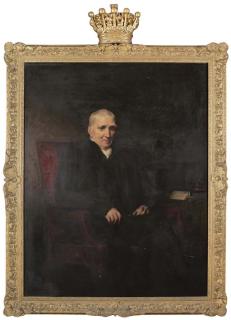 Henry Perronet Briggs, R.A. - Portrait of John Scott, 1st Earl of Eldon (1751-1838), seated three-quarter-length, in a black coat, a letter addressed to \'Lady Elizabeth Repton, New Norfolk Street\' on a table to the left