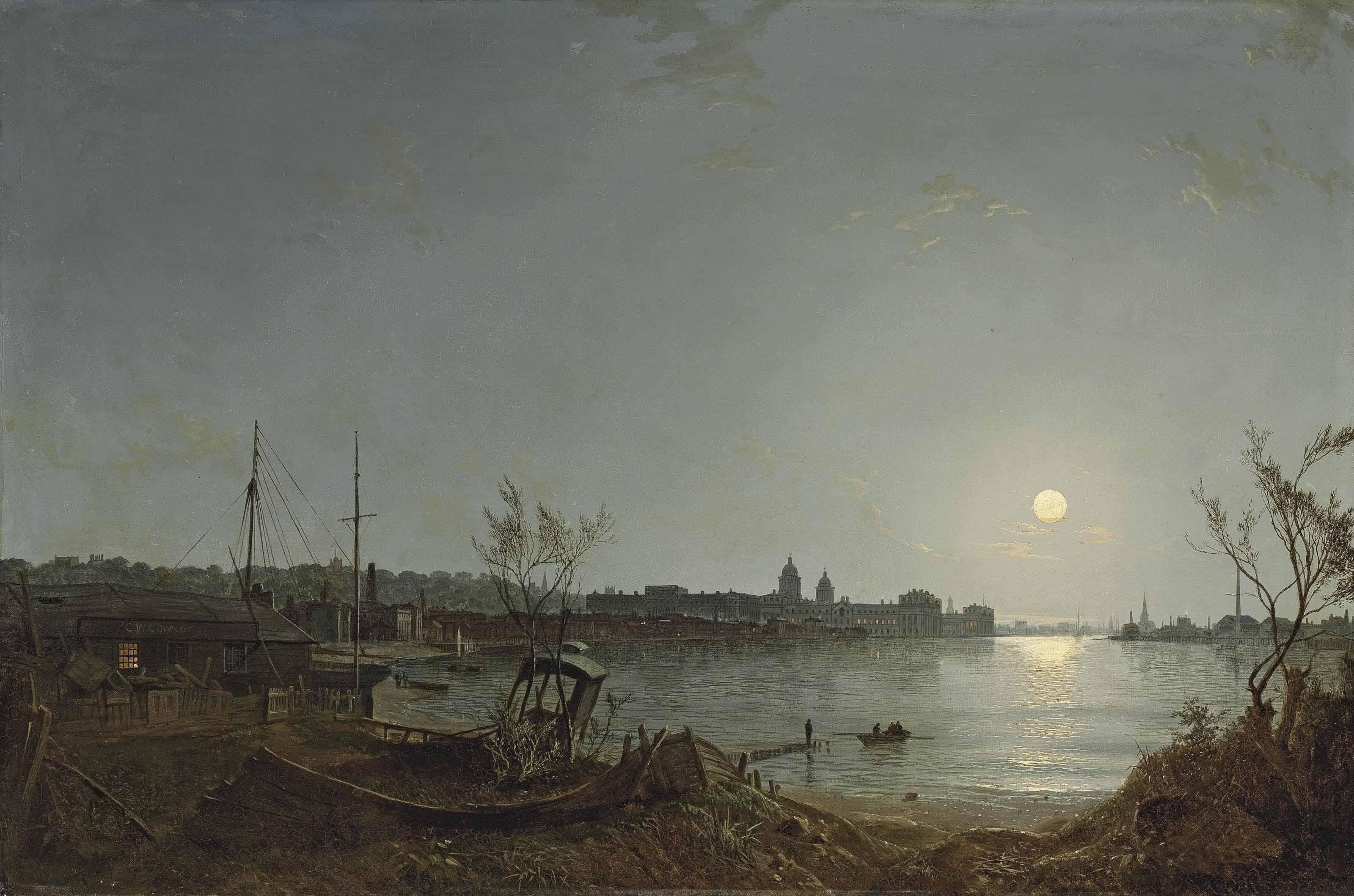 Henry Pether - A view of Greenwich Reach from the Thames by moonlight, with the Hospital, Enderby House and the Telegraph House