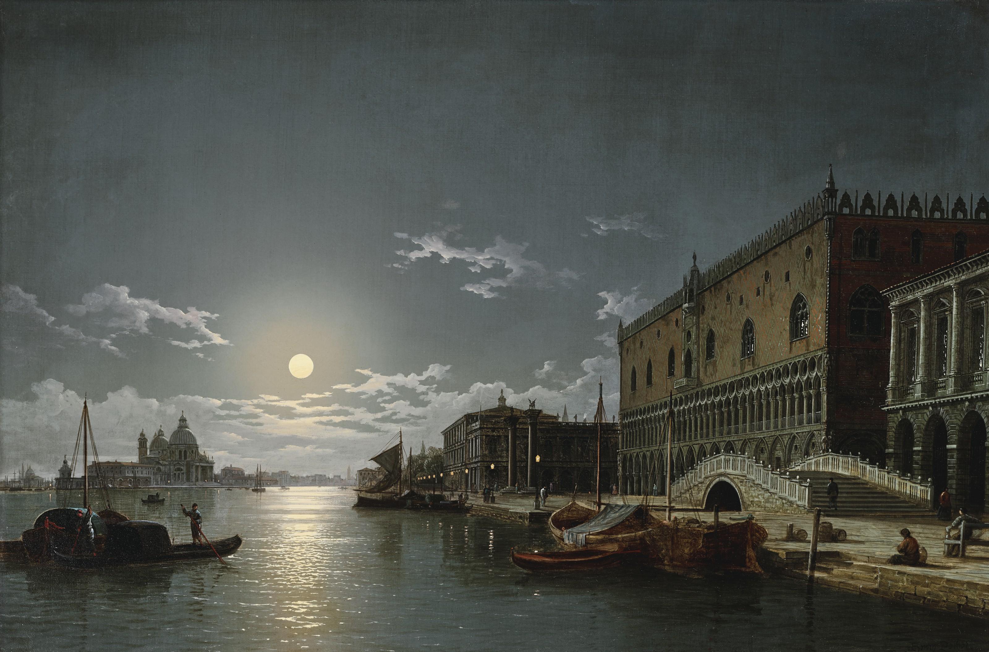 Henry Pether - A View of the Bacino di San Marco with the Doge\'s Palace and the Church of Santa Maria della Salute in the Distance, by Moonlight