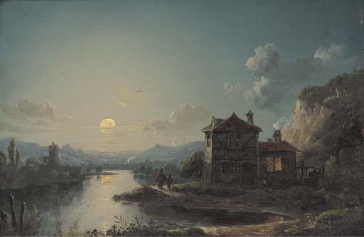 Henry Pether - Figures by a cottage in a moonlit river landscape