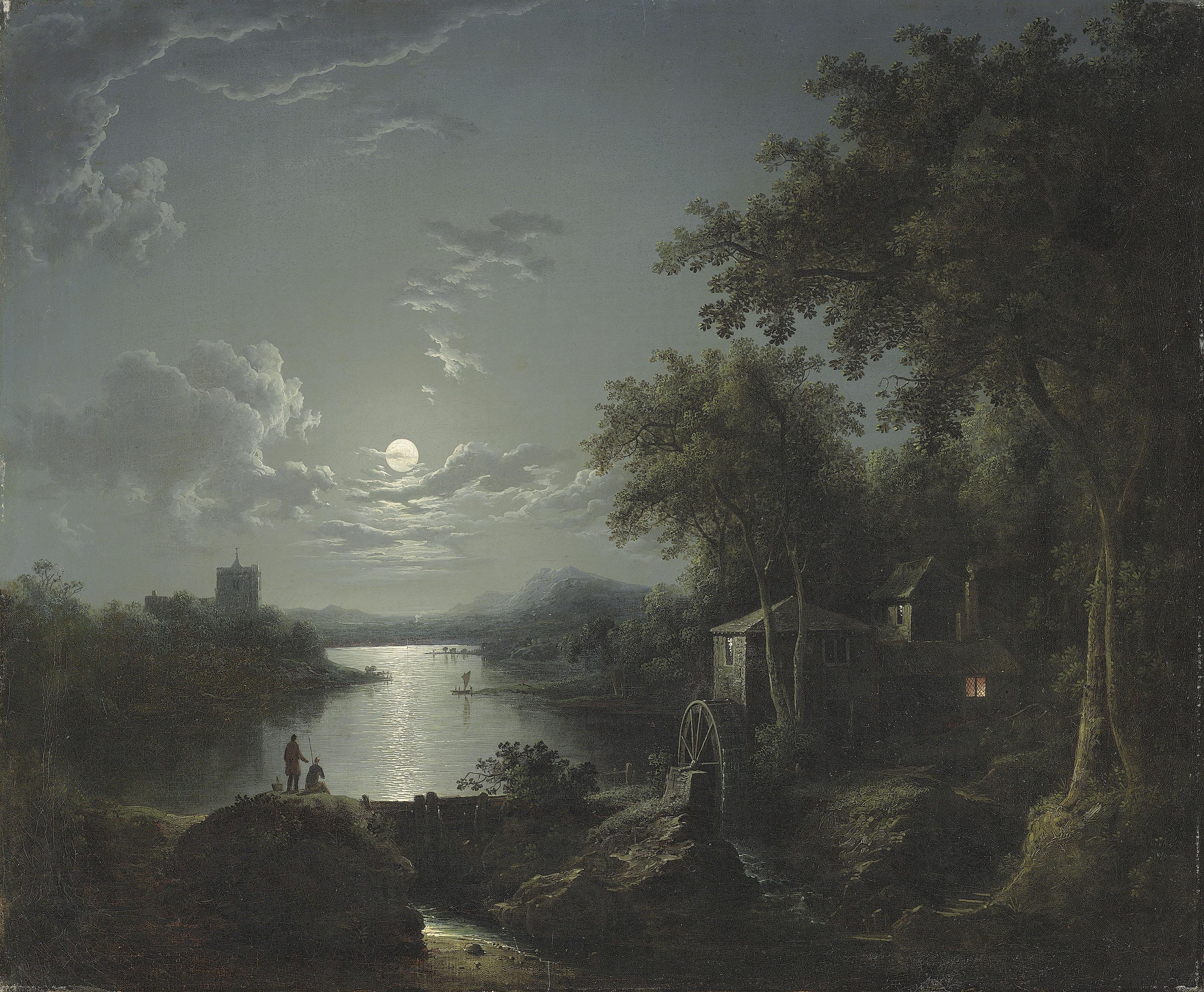 Henry Pether - Moonlit Fishing On The Riverbank