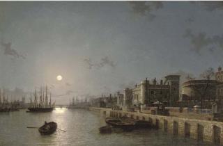 Henry Pether - View of The Thames By Moonlight, Towards London Bridge, With The Tower of London And Traitors\' Gate In The Foreground