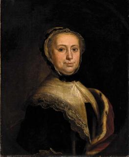 Henry Pickering - Portrait of a lady, said to be Susannah Stott, half-length, in a black dress and white shawl and bonnet