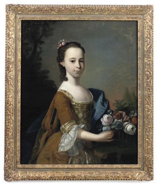 Henry Pickering - Portrait of a young girl, half-length, in a gold dress with a blue wrap, holding a basket of flowers