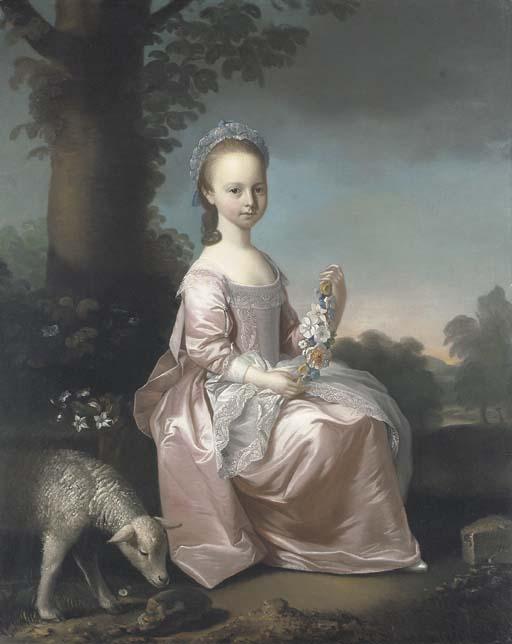 Henry Pickering - Portrait of Margaret Smith, of Cotescue, full-length, seated, in a pink dress with white lace apron, holding a garland of flowers, in a landscape with a sheep