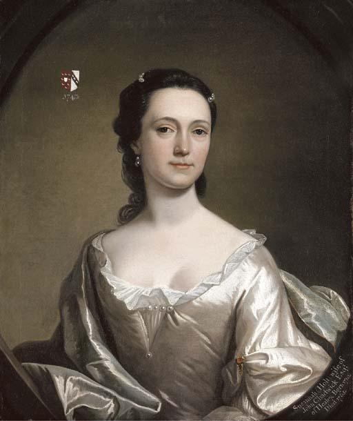 Henry Pickering - Portrait of Susannah Holt (1710-1765), wife of John Chadwick of Healey, bust-length, in a white dress with a pale blue wrap, feigned oval