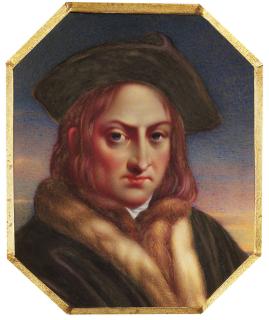 Henry Pierce Bone - A gentleman, in fox fur-lined black robe, fur vest, white shirt, brown leather four-cornered hat, wavy auburn hair