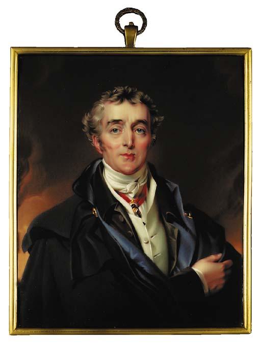 Henry Pierce Bone - Arthur Wellesley, 1st Duke of Wellington (1769-1852), full face in blue cloak, brown coat, white waistcoat and knotted cravat, wearing the ribbon and badge of the Order of the Golden Fleece