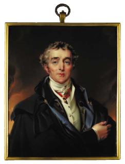 Henry Pierce Bone - Arthur Wellesley, 1st Duke of Wellington (1769-1852), full face in blue cloak, brown coat, white waistcoat and knotted cravat, wearing the ribbon and badge of the Order of the Golden Fleece