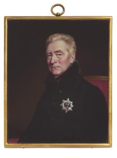Henry Pierce Bone - George John, 2nd Earl Spencer, K.G. (1758-1834), seated on a red-upholstered chair, in dark green coat with black collar, wearing the breast-star of the Order of the Garter