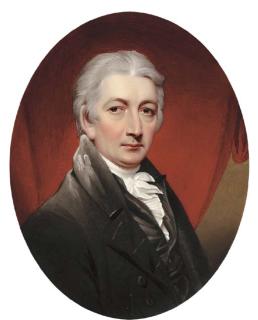 Henry Pierce Bone - Henry Bone, R.A (1755-1834), the artist\'s father, facing right in black coat and waistcoat and frilled cravat; draped red curtain background