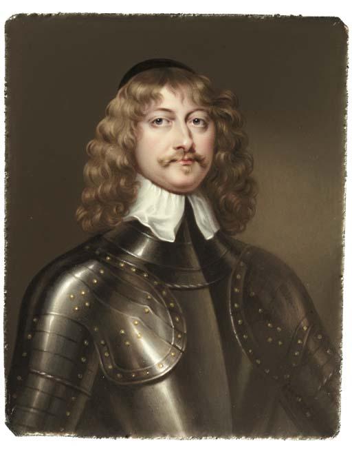 Henry Pierce Bone - James Graham, 1st Marquis of Montrose, facing right in gilt-studded armour and white lawn collar, black skull cap in his curling fair hair, small beard and moustache