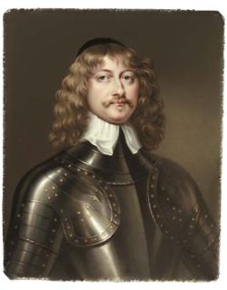 Henry Pierce Bone - James Graham, 1st Marquis of Montrose, facing right in gilt-studded armour and white lawn collar, black skull cap in his curling fair hair, small beard and moustache