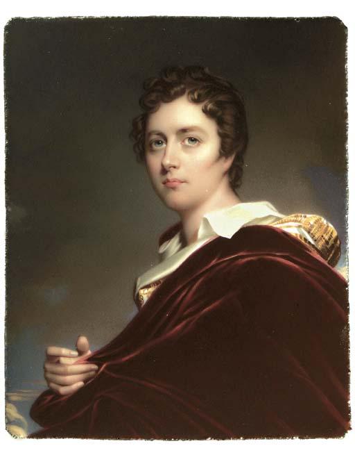Henry Pierce Bone - Lord Byron, facing left holding his red velvet cloak draped over his shoulders in his right hand, gold and white coat, white shirt
