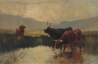 Henry R. Hall - Cattle Watering In A Highland Landscape