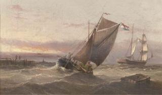 Henry Redmore - A Dutch Brig Running Out of Harbour Amidst Other Traffic At Dusk