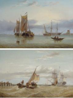 Henry Redmore - A Naval two-decker amidst barges off the coast; and Hay barges and other shipping in the estuary