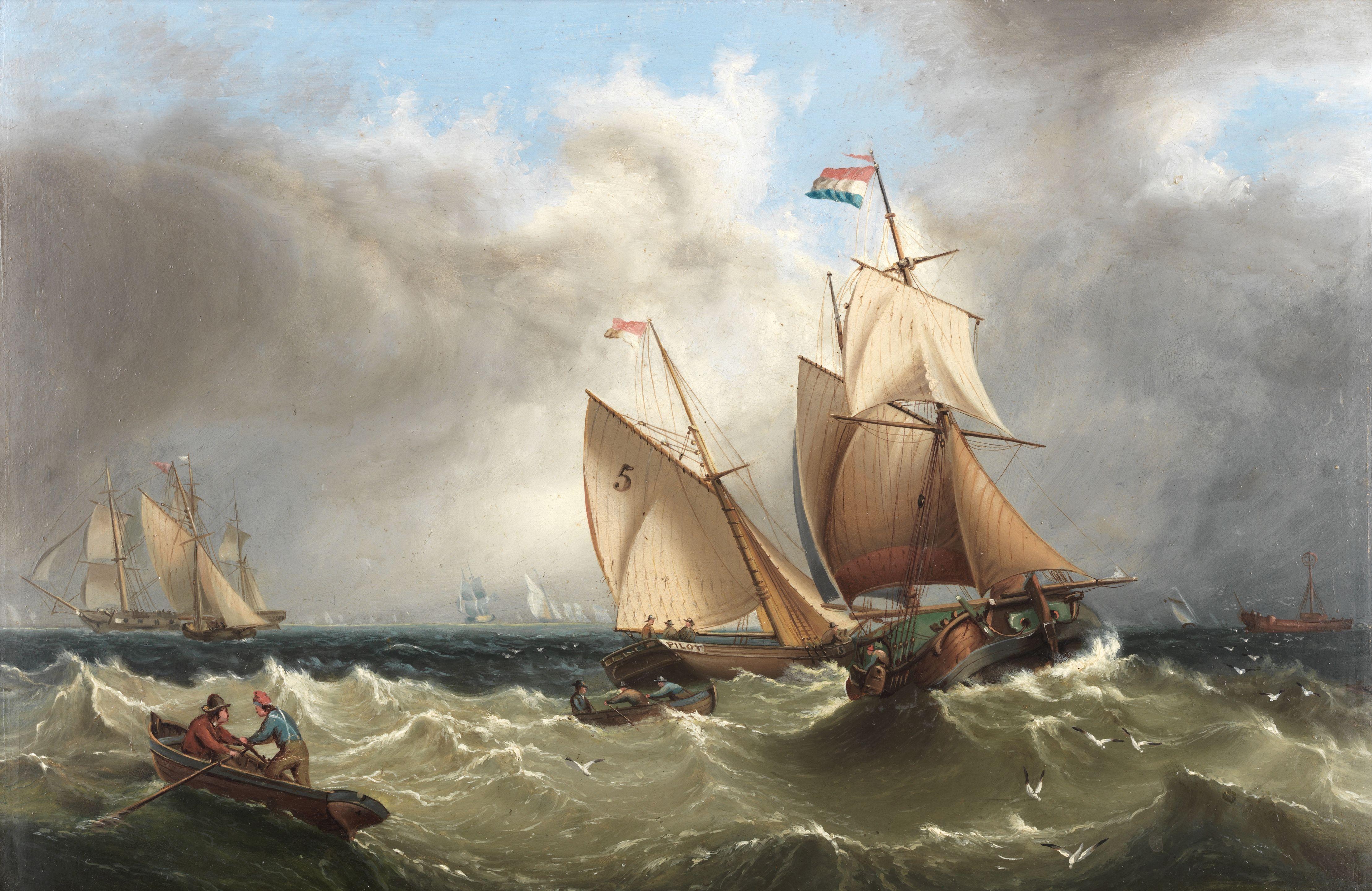 Henry Redmore - A pilot cutter with other shipping and a lightvessel in the distance, believed to be on the Humber