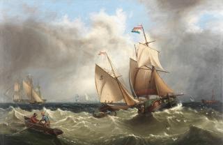 Henry Redmore - A pilot cutter with other shipping and a lightvessel in the distance, believed to be on the Humber