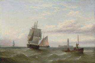 Henry Redmore - A trading brig and other shipping before a fortified lighthouse