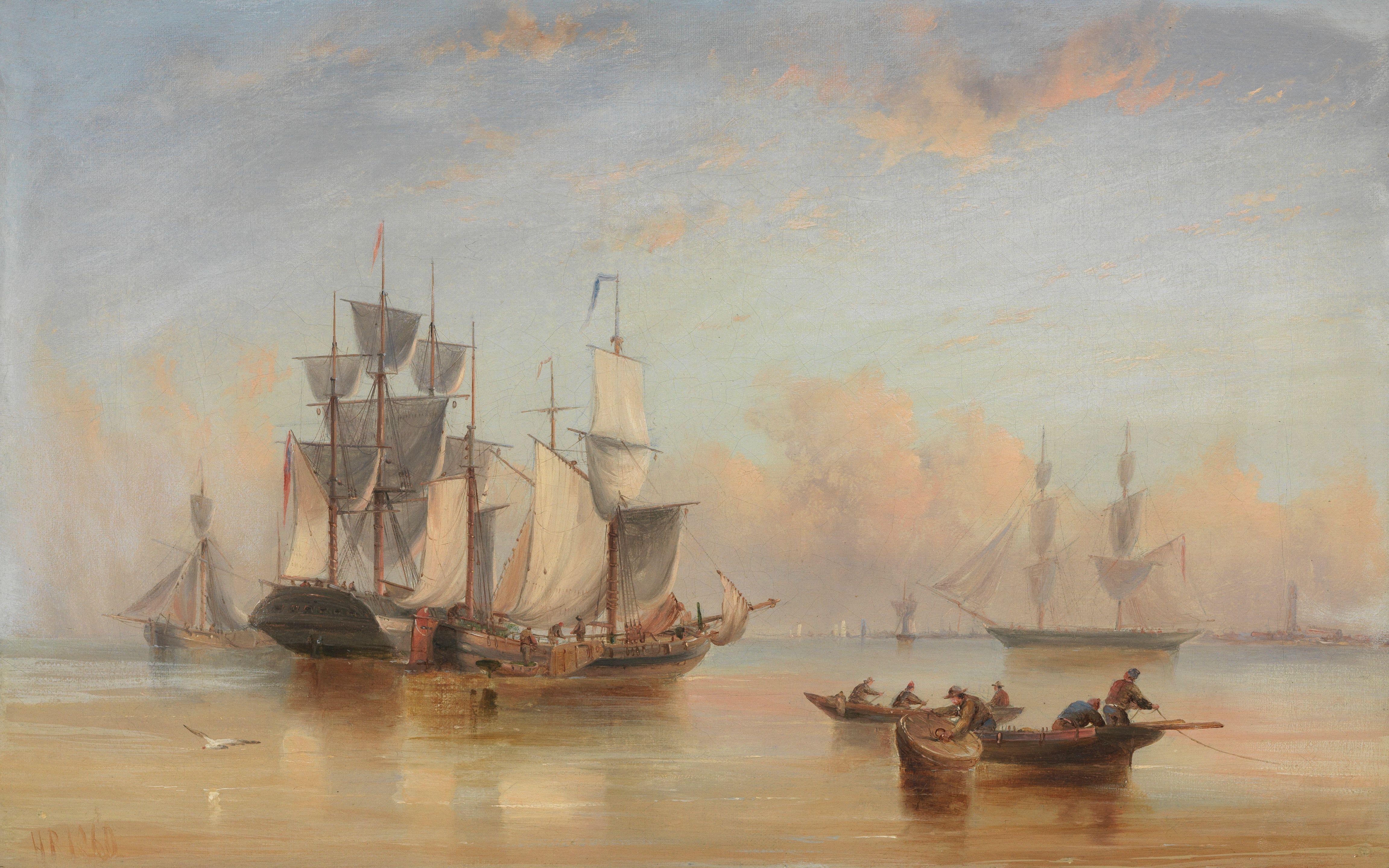 Henry Redmore - Merchant sail becalmed in the Wash, with Boston, Lincolnshire, beyond