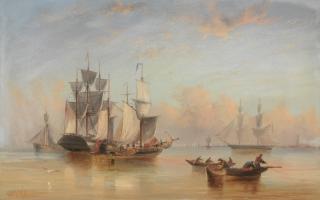 Henry Redmore - Merchant sail becalmed in the Wash, with Boston, Lincolnshire, beyond