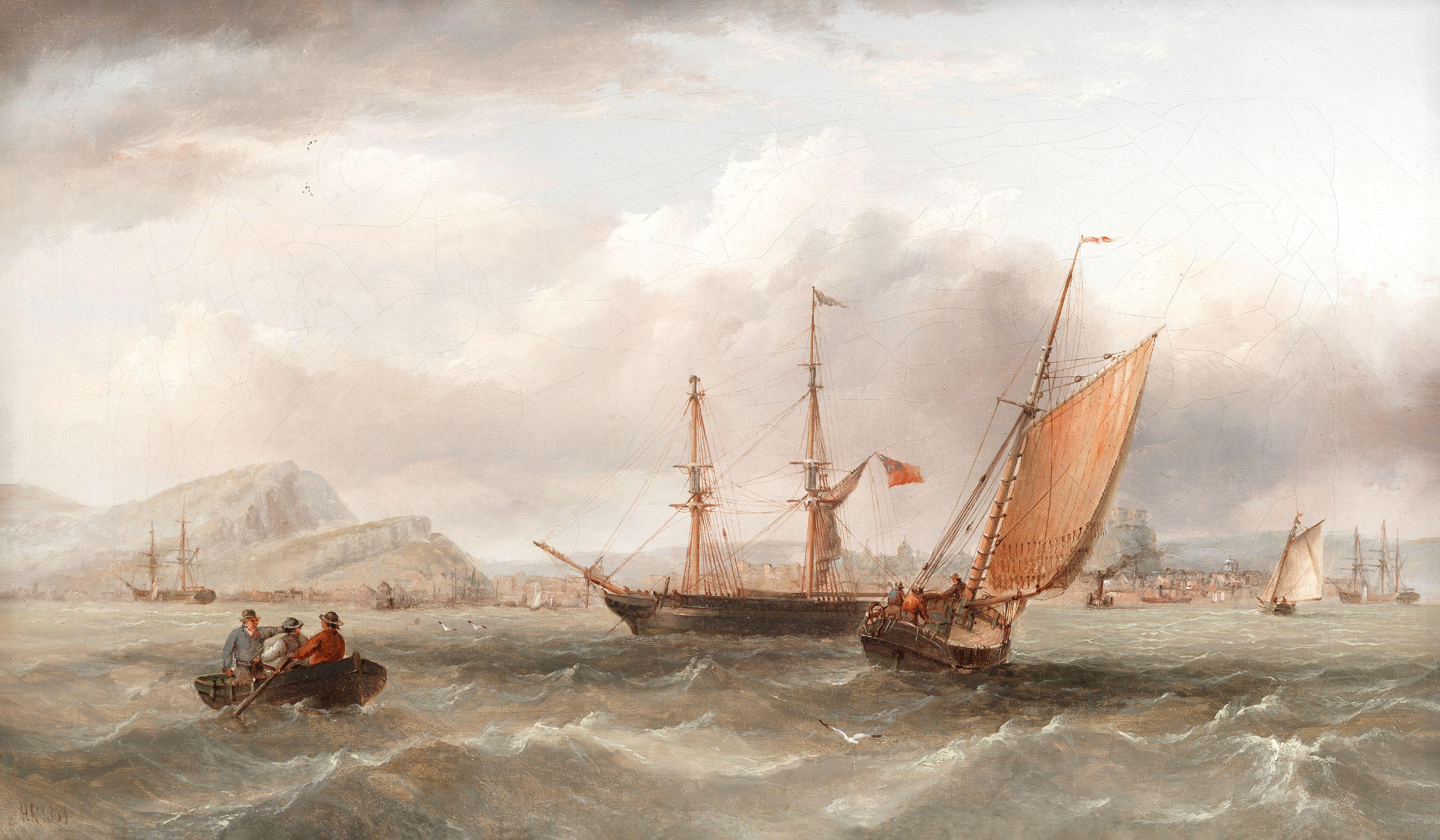 Henry Redmore - Shipping in a stiff breeze off the entrance to the harbour at Scarborough