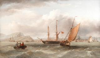 Henry Redmore - Shipping in a stiff breeze off the entrance to the harbour at Scarborough