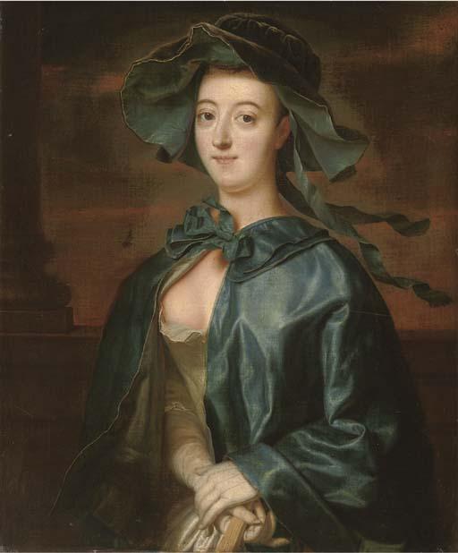 Henry Robert Morland - Portrait of A Lady, Half-Length, In A Blue Silk Cape And Hat