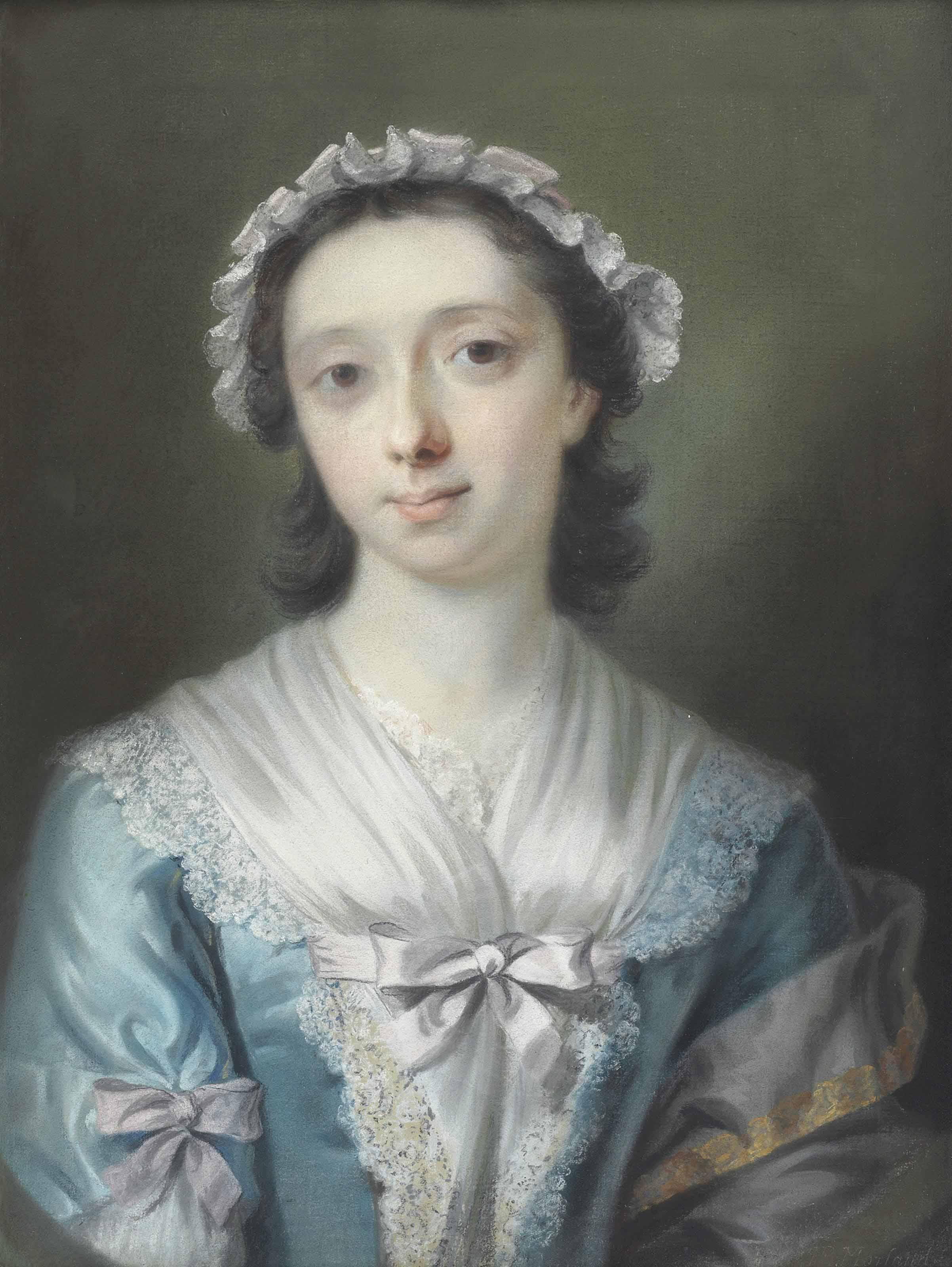 Henry Robert Morland - Portrait Of Mary Tweedie (C. 1704-1784), Half-Length, In A Blue Lace-Trimmed Dress And White Bonnet