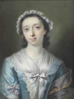 Henry Robert Morland - Portrait Of Mary Tweedie (C. 1704-1784), Half-Length, In A Blue Lace-Trimmed Dress And White Bonnet