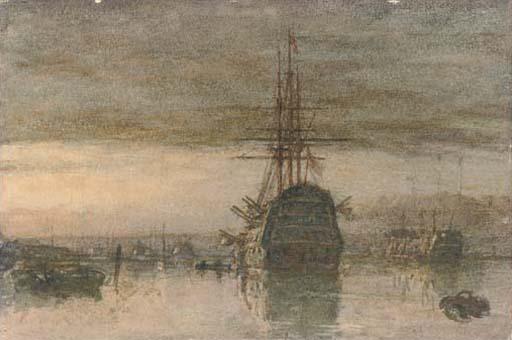 Henry Robertson, A.R.E. - A Third Rate And A Hulk Lying In Portsmouth Harbour At Dusk