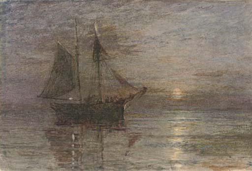 Henry Robertson, A.R.E. - A Trading Brig In A Calm By Moonlight