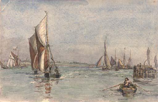 Henry Robertson, A.R.E. - Fishing Boats Running Into The Harbour At Harwich (Illustrated); A Hay Barge And Other Shipping In The Harbour At Harwich; Harwich From Shotley; And Children On The Beach At Harwich