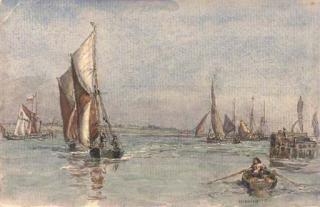 Henry Robertson, A.R.E. - Fishing Boats Running Into The Harbour At Harwich (Illustrated); A Hay Barge And Other Shipping In The Harbour At Harwich; Harwich From Shotley; And Children On The Beach At Harwich