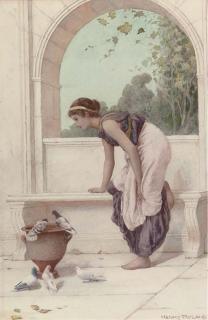Henry Ryland - A classical maiden on a terrace with doves and pigeons