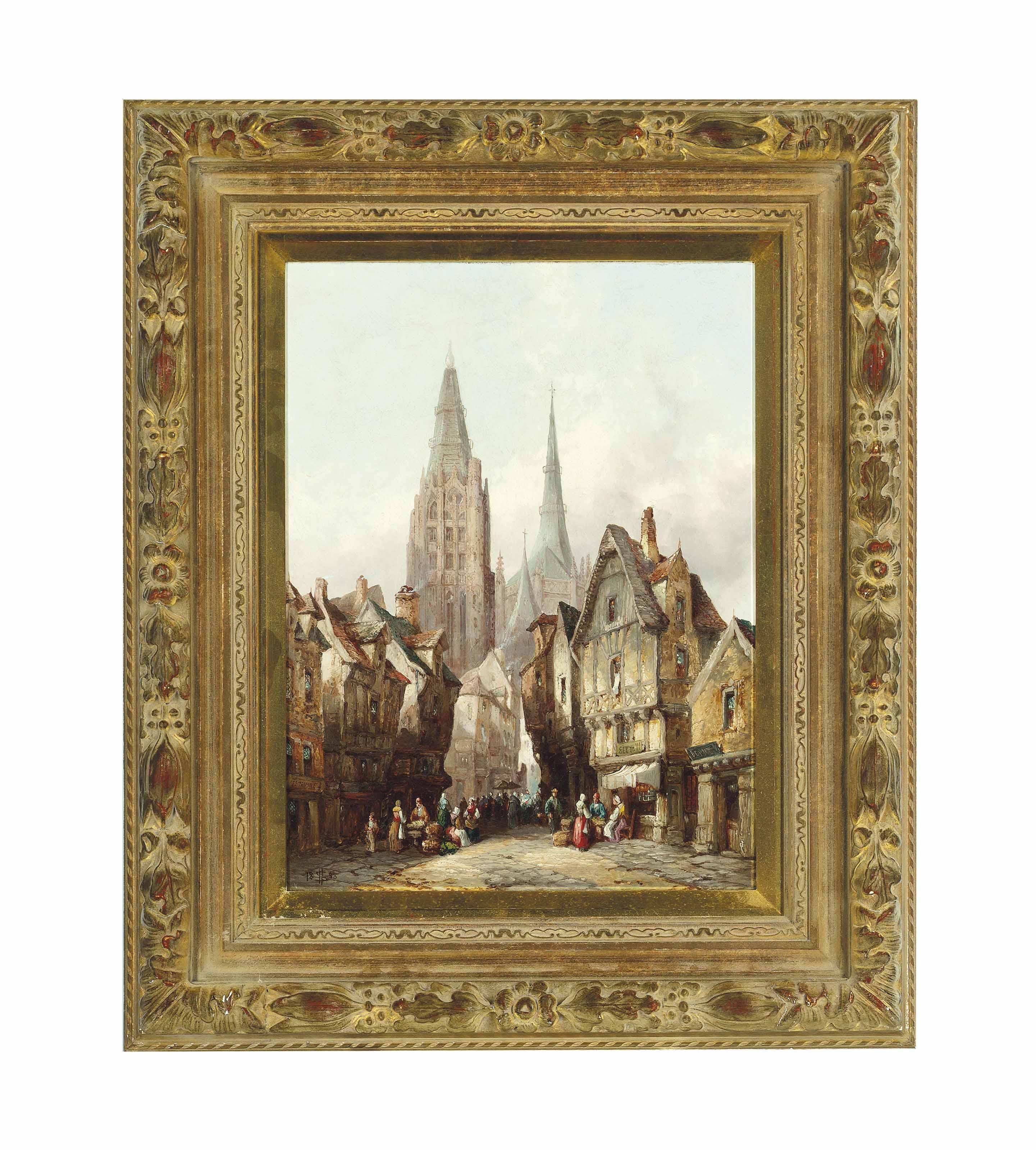 Henry Schäfer - Travellers In The Square, Strasbourg Cathedral Beyond; And The Bustling Market, Rouen Cathedral Beyond