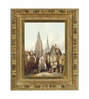 Henry Schäfer - Travellers In The Square, Strasbourg Cathedral Beyond; And The Bustling Market, Rouen Cathedral Beyond