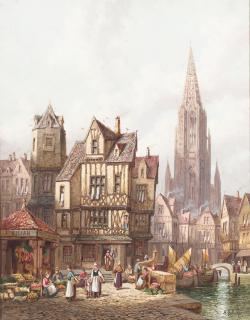 Henry Schafer - A lively market, Frieburg 18 1/8 x 14 1/8in (46 x 35.9cm)