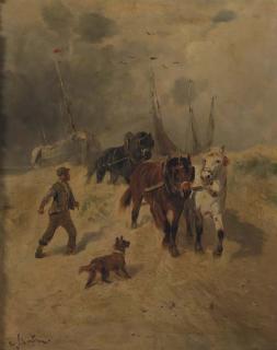 Henry Schouten - A team of horses on the beach, fishing-smacks in the background