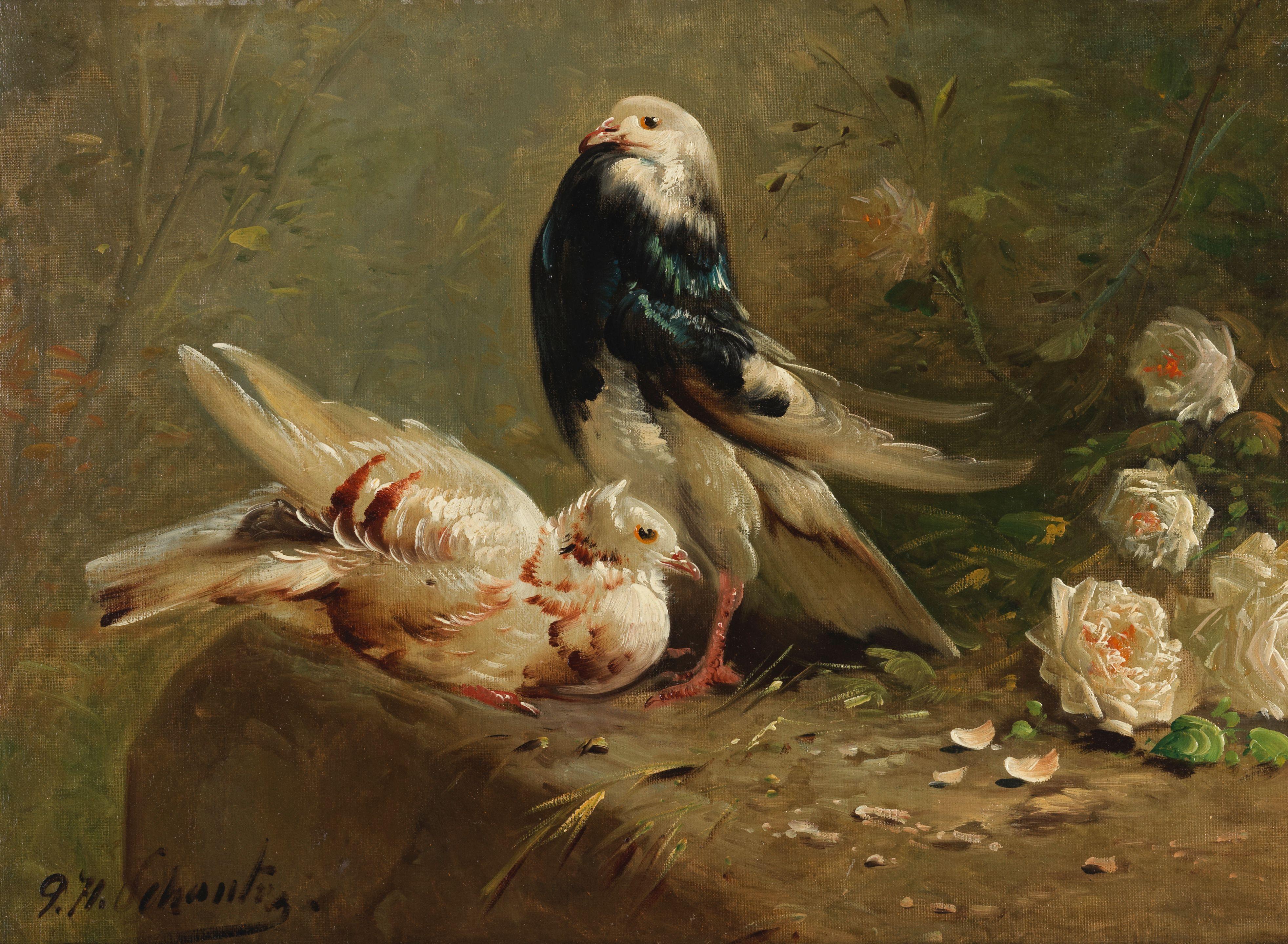 Henry Schouten - Two pigeons and roses on a terrace