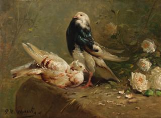 Henry Schouten - Two pigeons and roses on a terrace