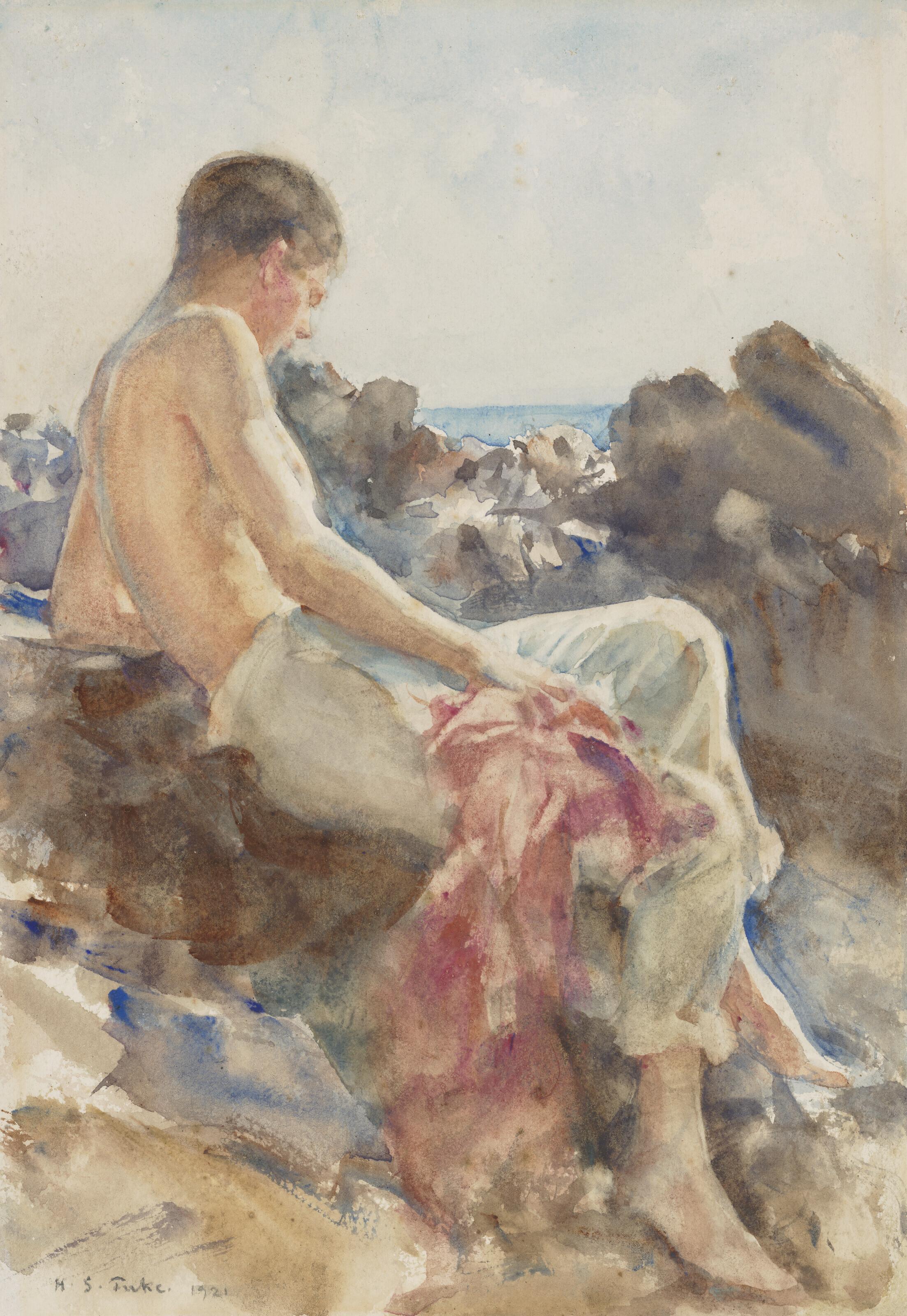 Henry Scott Tuke, R.A., R.W.S. - A bather on the rocks
