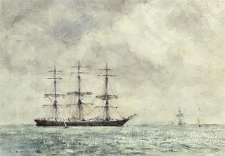 Henry Scott Tuke, R.A., R.W.S. - A windjammer at anchor with the sun breaking through the clouds