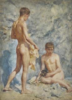 Henry Scott Tuke, R.A., R.W.S. - Blue And Gold (Two Boys And A Dog)