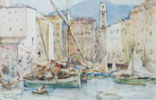 Henry Scott Tuke, R.A., R.W.S. - Boats moored in the harbour, Camogli, Italy
