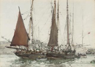 Henry Scott Tuke, R.A., R.W.S. - Fishing boats in a harbour